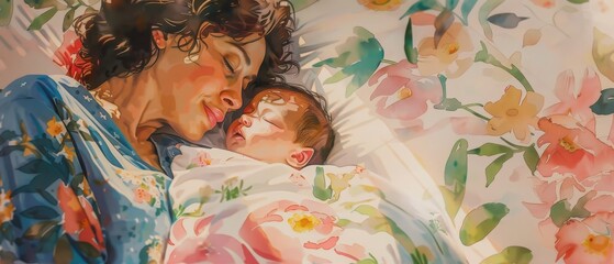 A tender moment between a mother and her newborn, surrounded by colorful floral patterns, showcasing love and warmth.