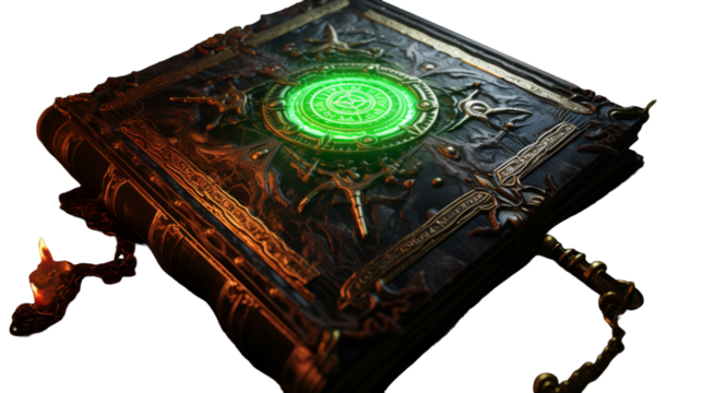 Ancient Leather-Bound Book With Glowing Green Symbol and Ornate Clasp