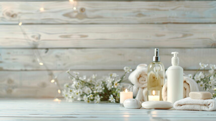 Obraz premium Serene Spa Treatment Flatlay, Natural Creams, Moisturizing Products, and Massage Stones