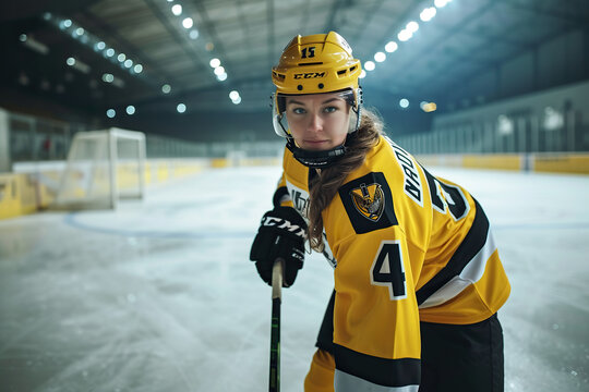 Young woman ice hockey player in sport arena.