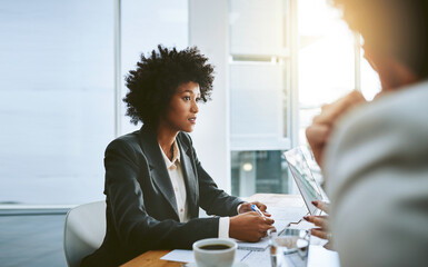 Proposal, listening and woman in office, graph and teamwork of employees, research and notebook for...