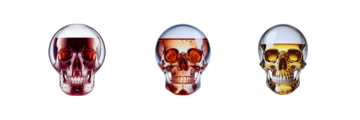 Set of transparent glass skull with wine inside, isolated over on transparent white background