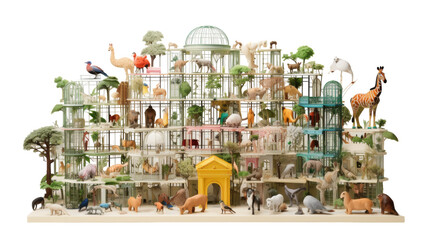 Multi-Level Animal Enclosure Model With Giraffe, Llama, and Birds