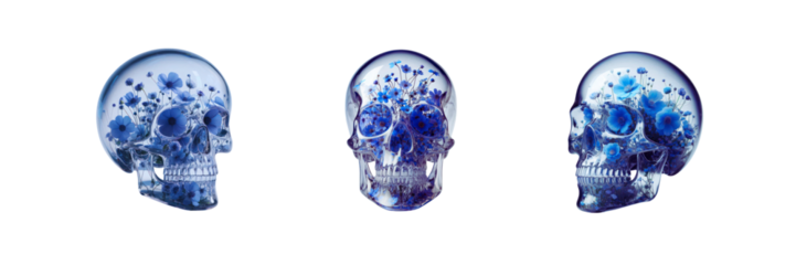 Set of transparent glass skull with flowers inside, isolated over on transparent white background