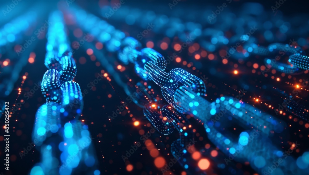 Poster blue digital chain symbolizing blockchain technology, with glowing data points representing various 