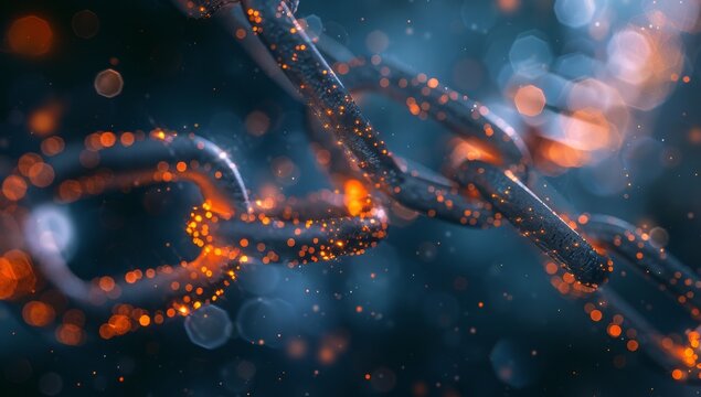 A closeup of an abstract digital chain, symbolizing the energy and flow in blockchain technology. The background is a dark blue with orange lights to highlight details on each link of the chain.