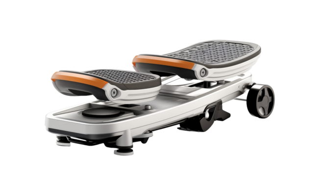 Silver Stepper Machine With Orange Handles and Black Wheels