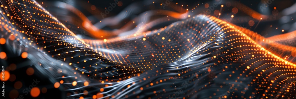 Poster digital abstract background with dark gray orange colors, featuring a wave pattern glowing dots that
