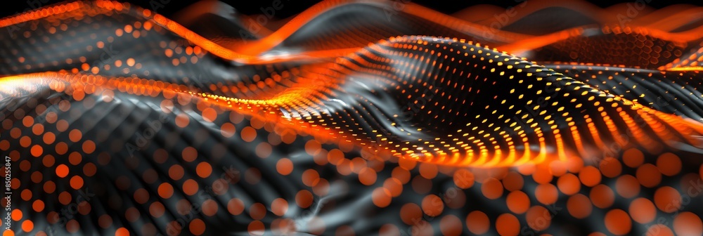Poster digital abstract background with dark gray orange colors, featuring a wave pattern glowing dots that
