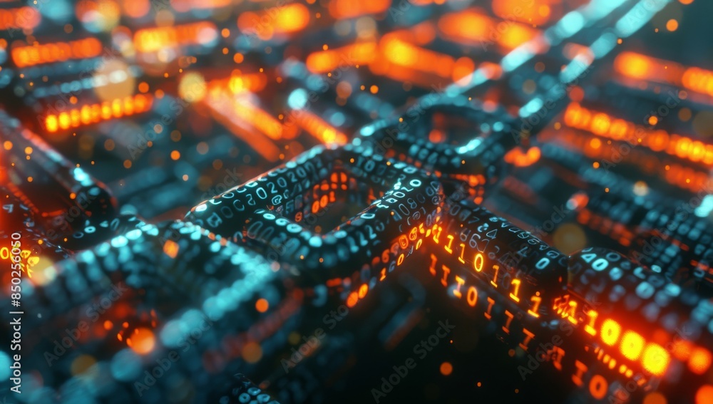Poster a closeup of an abstract digital chain, symbolizing the energy and flow in blockchain technology. th