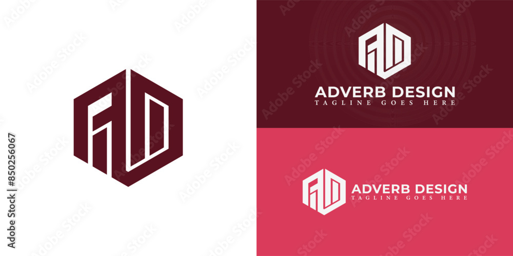 Aufkleber abstract initial hexagon letters ad or da logo in red color isolated on multiple background colors. 
