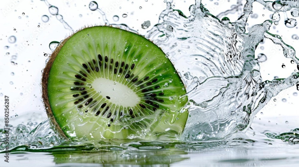 Poster detailed image of a kiwi fruit slice in a refreshing water splash the white background enhances the 