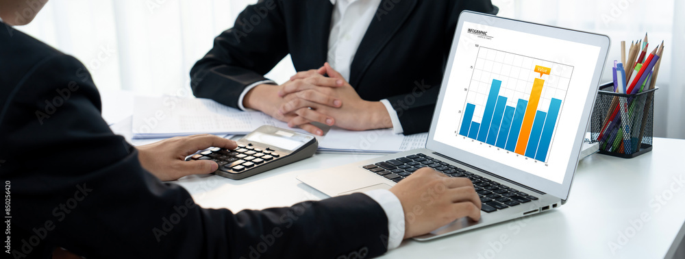 Poster business intelligence analyst team use bi software on laptop to analyze financial data dashboard. bu