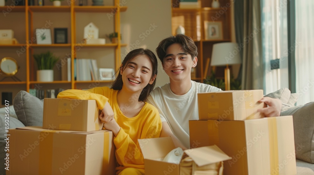 Poster a couple is posing in front of a pile of boxes