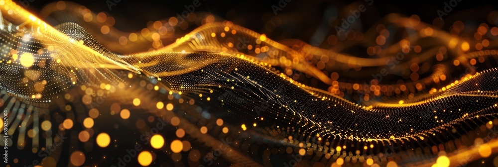 Poster digital background featuring black and golden light, flowing lines of data with dots, ai technology 