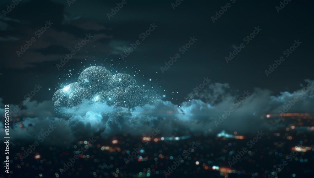 Poster digital cloud with glowing data particles floating in the dark sky, symbolizing advanced technology 