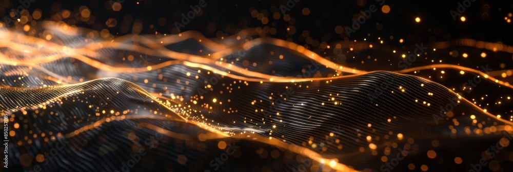 Poster digital background featuring black and golden light, flowing lines of data with dots, ai technology 