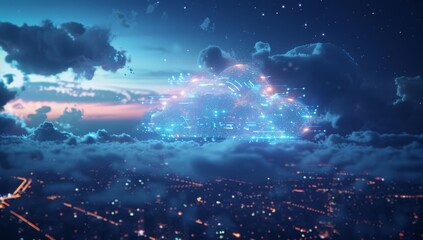 Digital cloud with glowing data particles floating in the dark sky, symbolizing advanced technology and innovation. Digital patterns representing network connections and cyber security.