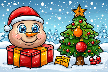 A cartoon character with a red hat and a carrot nose is sitting on top of a red box. The box is decorated with a bow and is placed next to a Christmas tree. The tree is adorned with many ornaments
