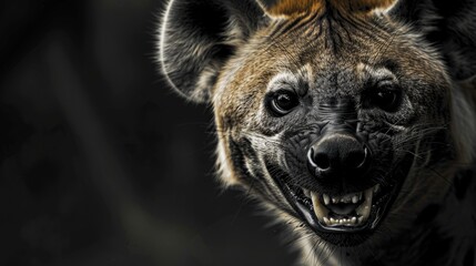Naklejka premium This image shows a close up of a hyena with a dark background. The hyena is staring at the camera with its mouth open and teeth bared.