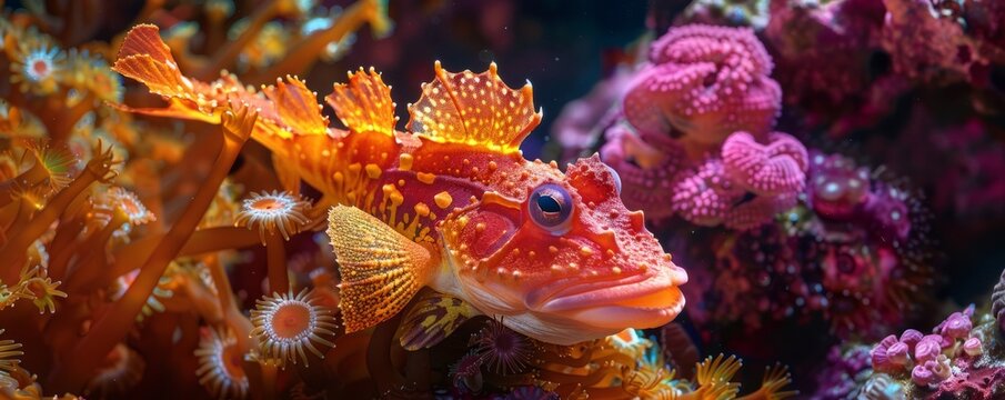 Vibrant frogfish camouflaged among coral, 4K hyperrealistic photo