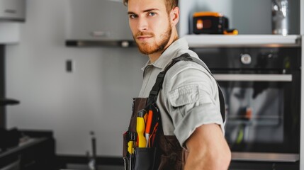 portrait of a smiling Caucasian young electrician in uniform with a tool while in a house where he performs electrical work