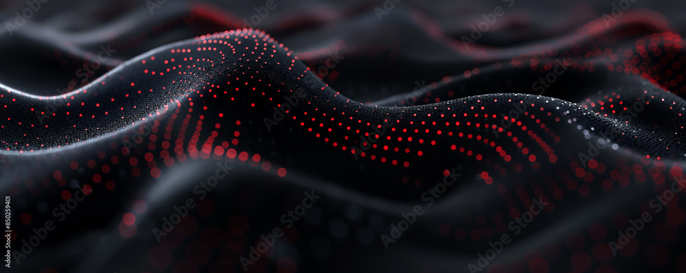 Sticker abstract black dark background with red dots and lines, creating a wave pattern on the surface of mo