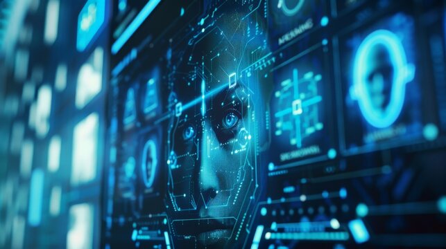 The image shows a  futuristic interface with a glowing blue eye in the center. The eye is surrounded by a series of digital screens displaying various data and readouts. - Powered by Adobe