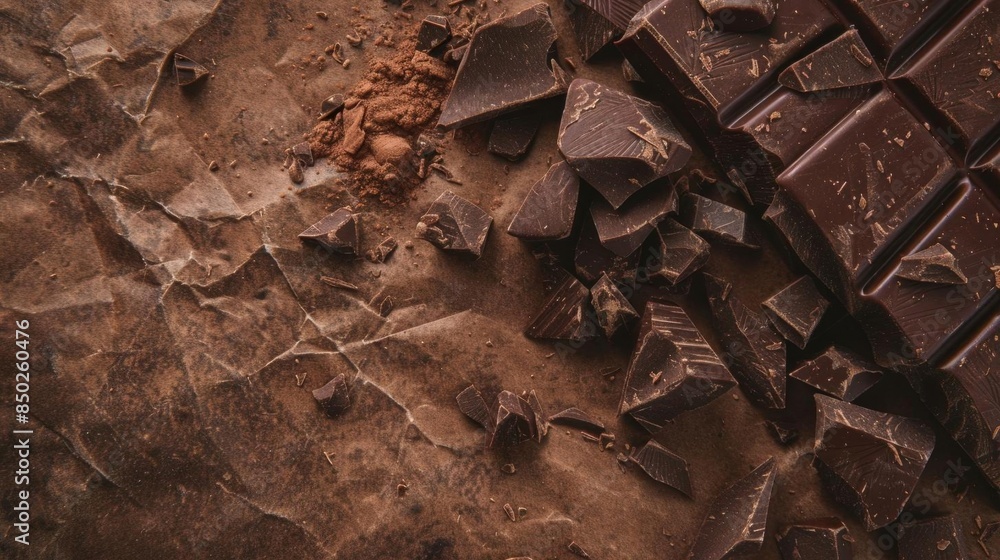 Poster top view of dark chocolate chunks and broken pieces and a chocolate block on a brown solid paper bac