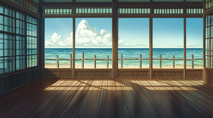 view from window to the sea, window in the garden, beautiful anime japan background view in window with japan room generative AI	