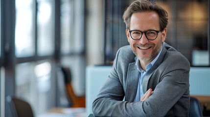 Fototapeta premium Happy middle-aged professional man with glasses in casual office setting, Conceptual image of a successful business person. Modern style, suitable for business and professional use. AI