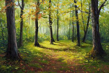 Obraz premium Sunlit Forest Path in Early Autumn
