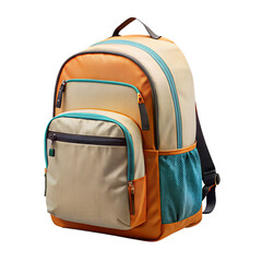 A multi-colored backpack with a blue strap isolated on transparent background png.