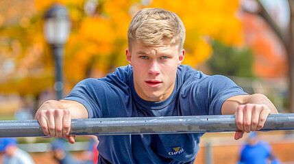 Young man doing pull ups on a bar for fitness