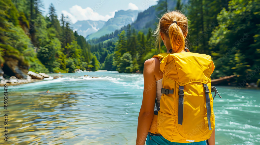 Wall mural Young woman with backpack enjoying river view in the mountains