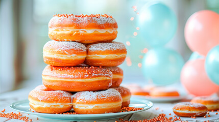 Stack of delicious donuts celebrating national donut day with festive balloons in background