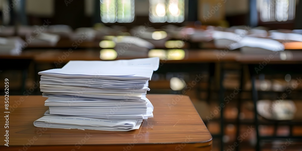 Poster stack of exam papers on office table in classroom setting captured in a blur. concept education, cla