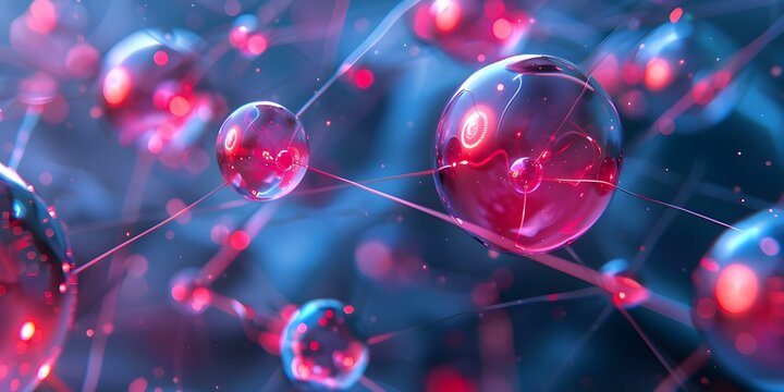 3D model showing red and blue spheres representing electrons orbiting a nucleus. Concept 3D Modeling, Atom Structure, Electron Orbit, Nucleus Representation, Red and Blue Spheres