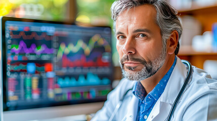 Obraz premium Serious doctor analyzing medical data on computer screen in hospital office