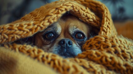 Obraz premium A cute puppy wrapped in a blanket, looking up with big, sad eyes.