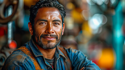 Fototapeta premium Mechanic is posing in a factory, proud of his job