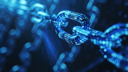 Blue digital chain symbolizing blockchain technology, with glowing data points representing various virtual blocks connected together in unbroken line, creating intricate background. block, network.