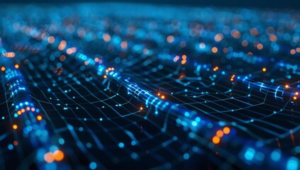 Blue digital chain symbolizing blockchain technology, with glowing data points representing various virtual blocks connected together in unbroken line, creating intricate background. block, network.