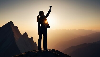 silhouette of a business women in a suit standing on a high mountain peak with one hand raised in a...
