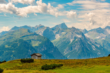 Landscape in the mountains of Austria. The picturesque Stubai Alps in summer, a panoramic view of...