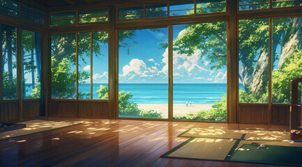 background Traditional Japanese Room with Ocean View - Generative AI