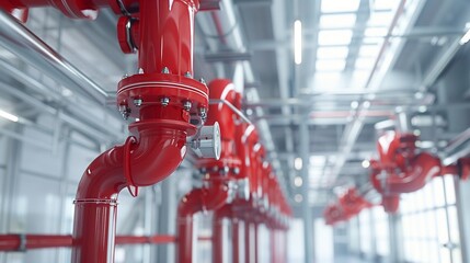 Indoor fire suppression system with sprinklers, detailed view of connected pipes and nozzles, ceiling installation in a modern building, clean and precise setup, Photorealistic, Highresolution 8K , hi