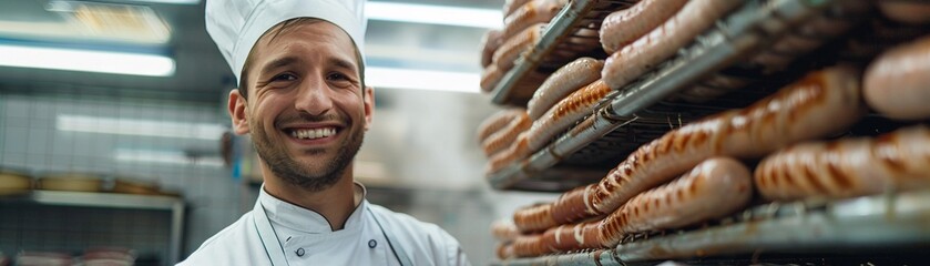 Smiling worker in a white uniform holding a metal rack full of sausages in a smoky industrial kitchen, focus on the neatly hanging sausages and clean tiled surroundings, Photorealistic, Highresolution