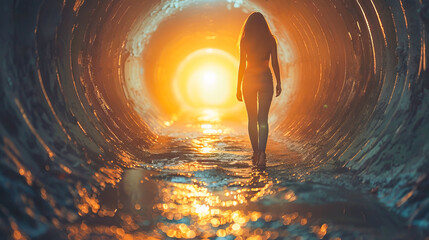Woman walking towards light at end of tunnel symbolizing hope and new beginnings