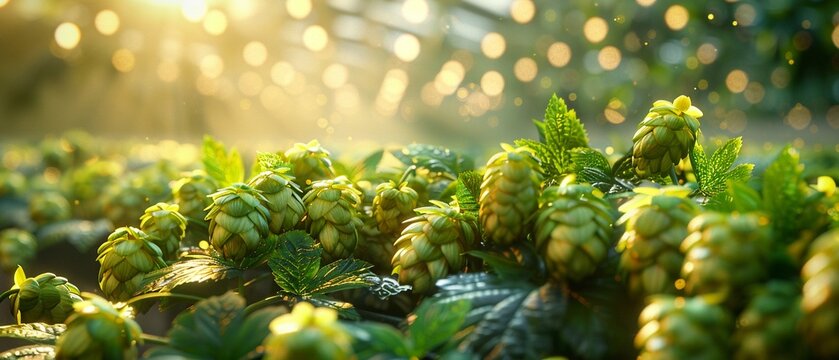 Detailed view of fresh hops bouncing on a moving conveyor belt, green cones with visible leaves and stems, modern brewery with bright lighting in the background, Photorealistic, Highdetail 8K , high-r